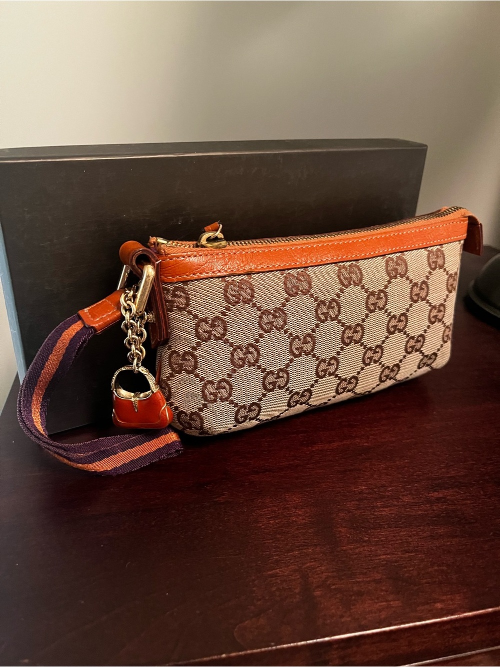 Gucci Brown/Beige GG Canvas Wristlet with Orange Trim and Stripe Strap
